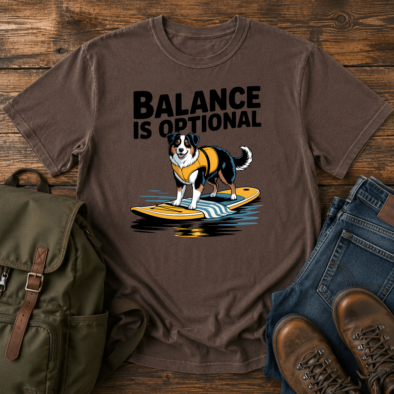 Australian Shepherd in yellow life jacket on paddleboard at golden hour mountain lake on t-shirt