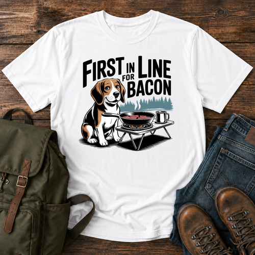 Beagle sitting eagerly beside a cast-iron skillet on a camp stove, ears flopped t-shirt design