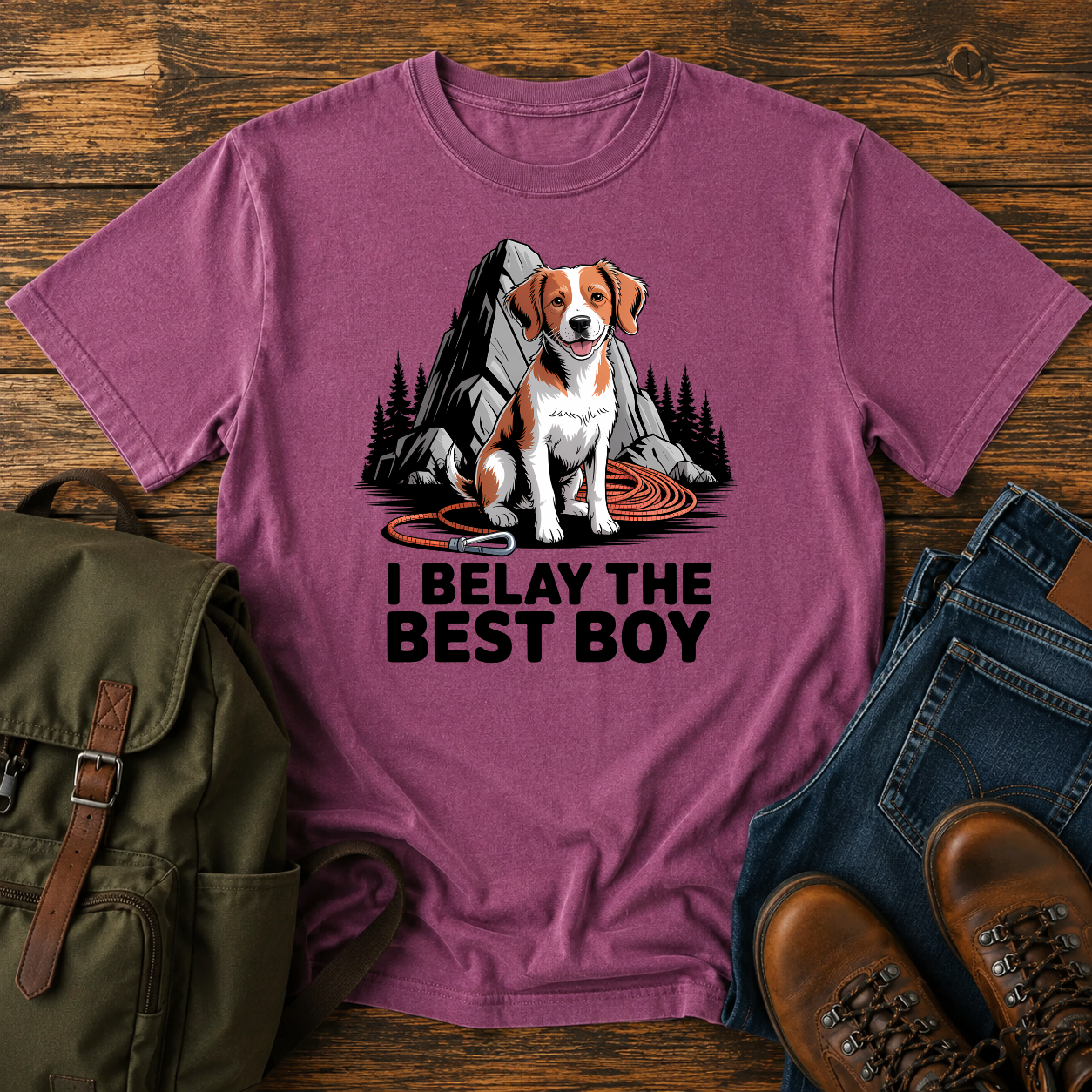 Brittany spaniel at granite boulder base with coiled climbing rope and carabiner on t-shirt