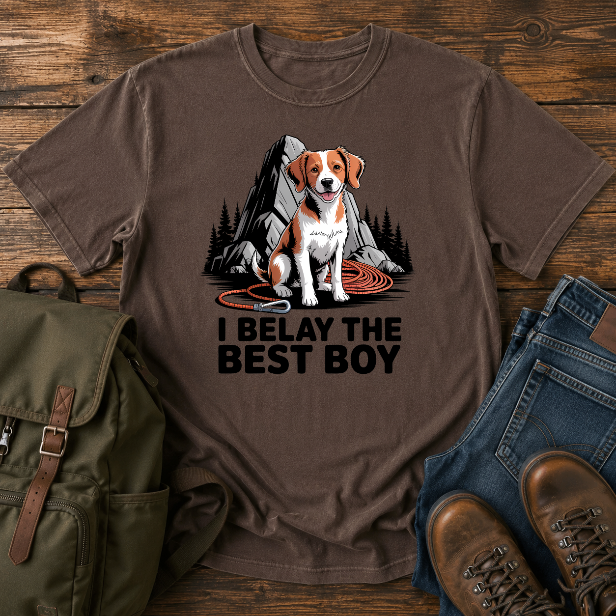 Brittany spaniel at granite boulder base with coiled climbing rope and carabiner on t-shirt