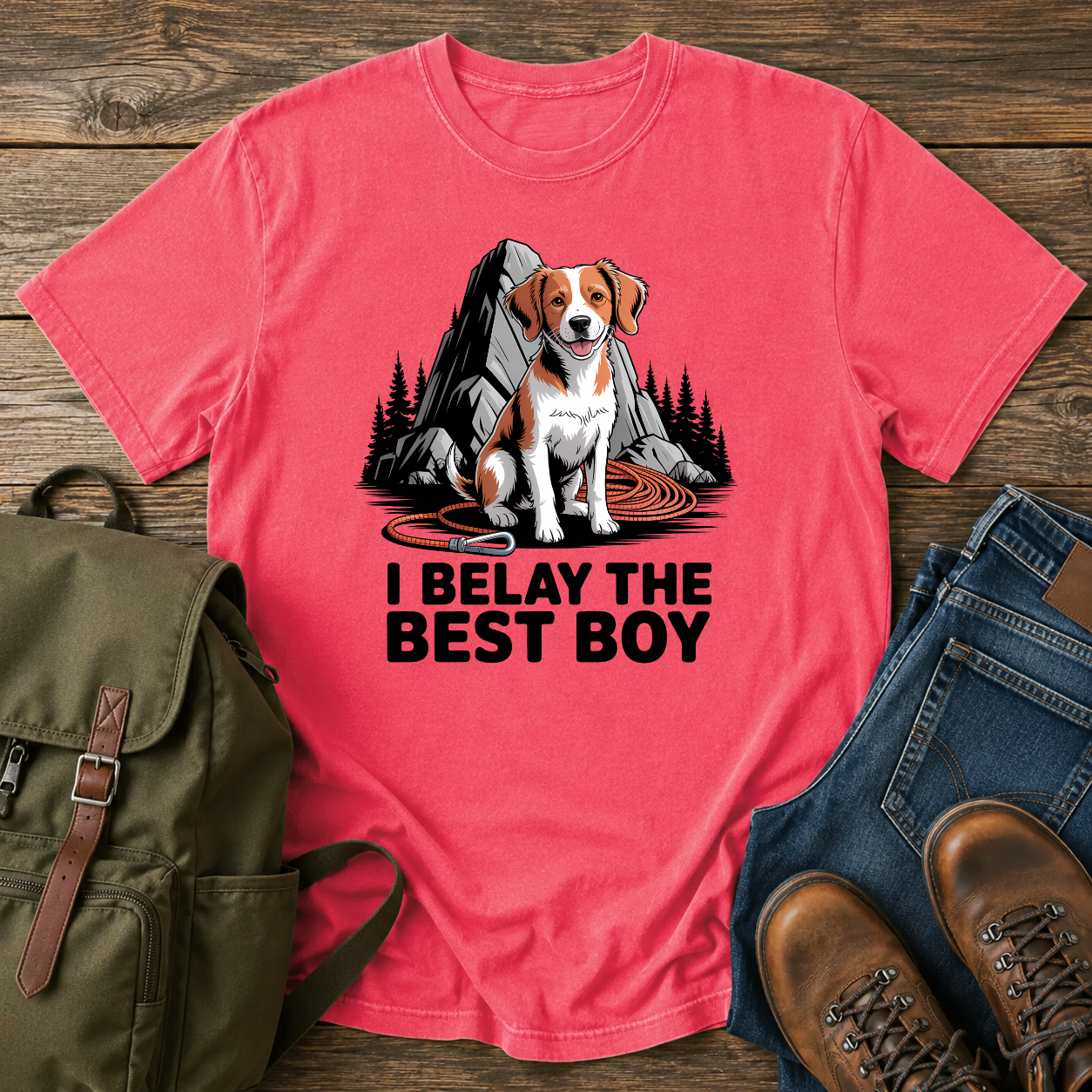 Brittany spaniel at granite boulder base with coiled climbing rope and carabiner on t-shirt