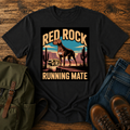 Rhodesian Ridgeback standing on red-rock canyon overlook with vintage teardrop camper and saguaro cacti on t-shirt
