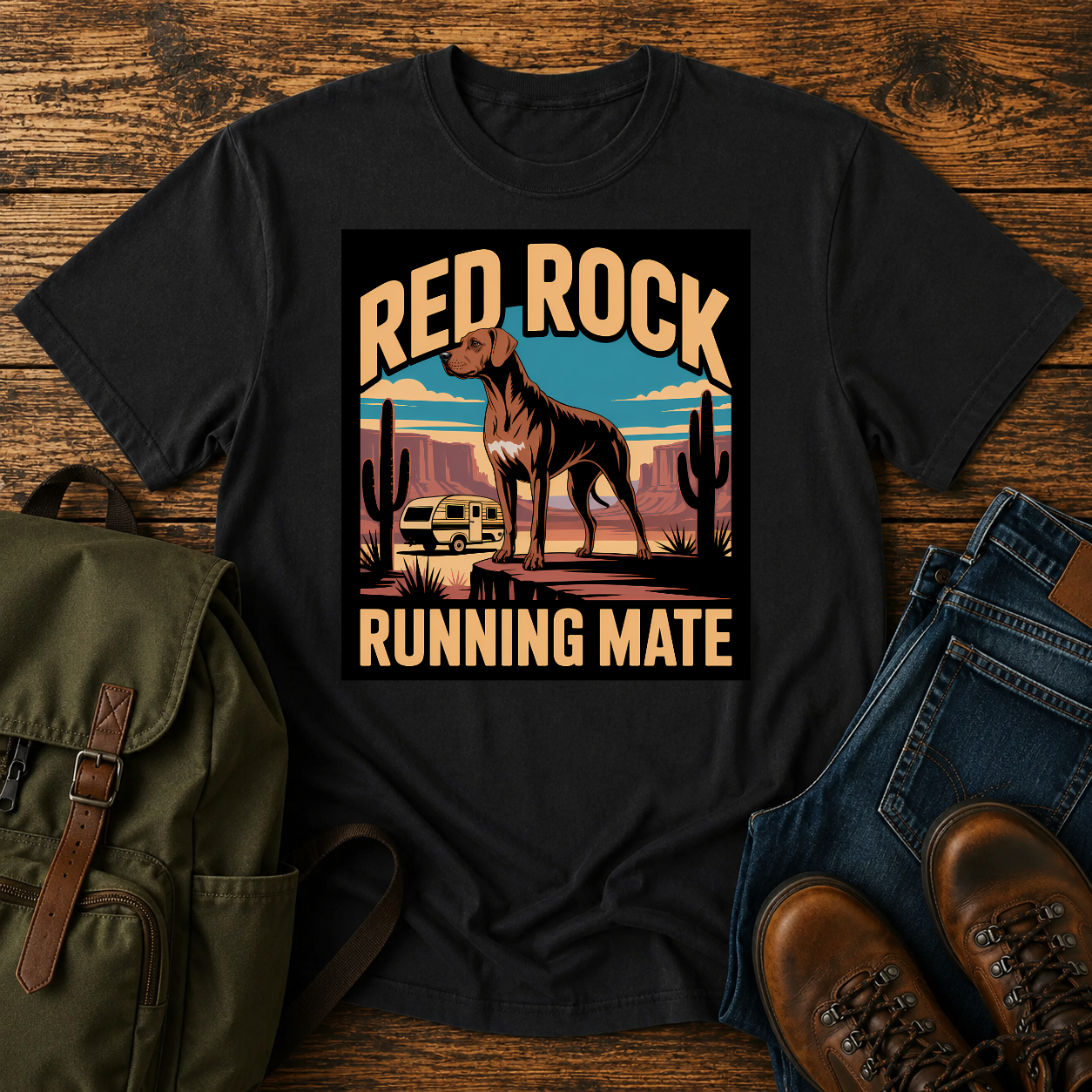 Rhodesian Ridgeback standing on red-rock canyon overlook with vintage teardrop camper and saguaro cacti on t-shirt