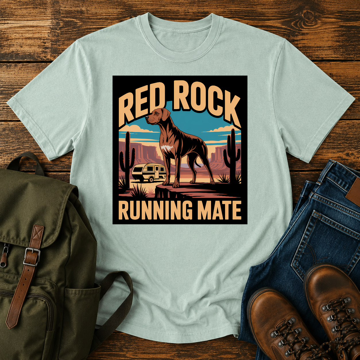 Rhodesian Ridgeback standing on red-rock canyon overlook with vintage teardrop camper and saguaro cacti on t-shirt