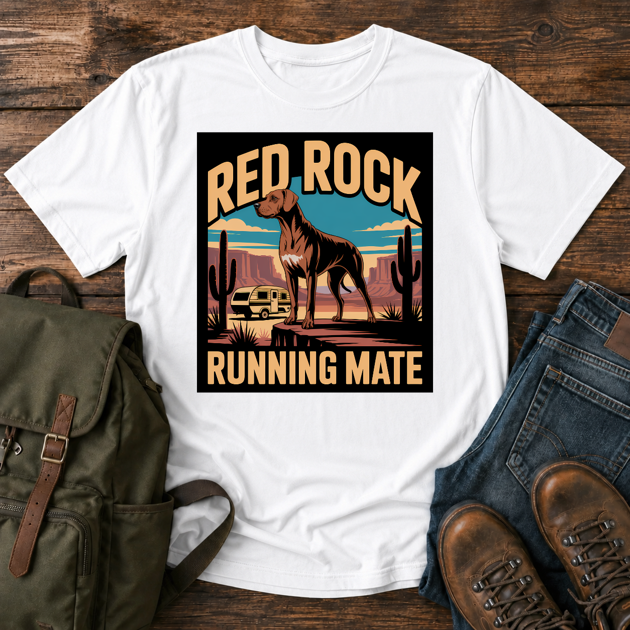 Rhodesian Ridgeback standing on red-rock canyon overlook with vintage teardrop camper and saguaro cacti on t-shirt