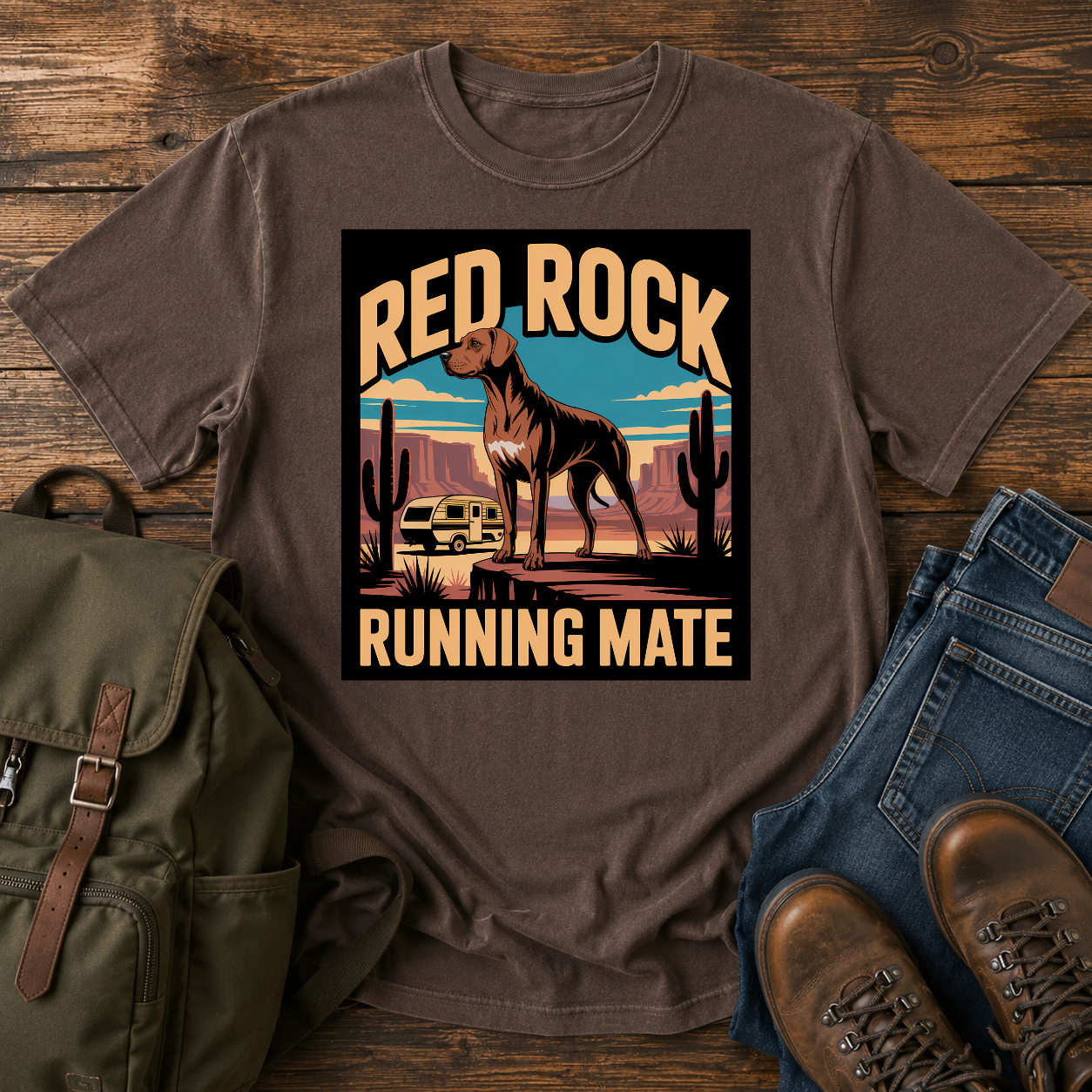 Rhodesian Ridgeback standing on red-rock canyon overlook with vintage teardrop camper and saguaro cacti on t-shirt