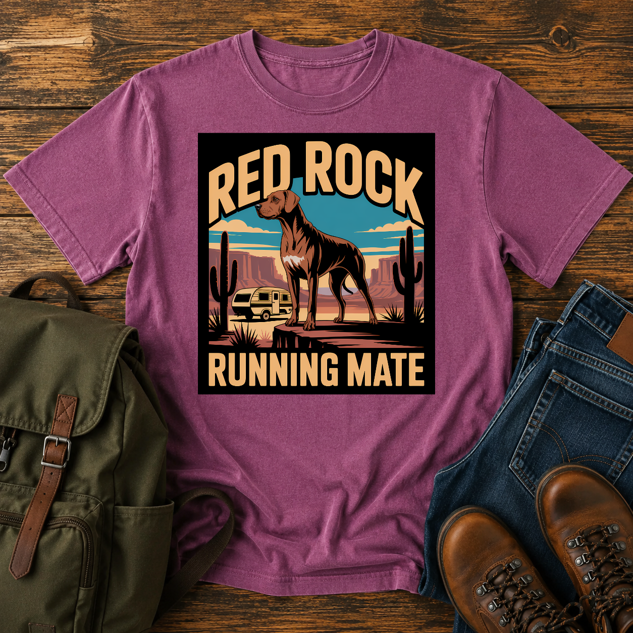 Rhodesian Ridgeback standing on red-rock canyon overlook with vintage teardrop camper and saguaro cacti on t-shirt