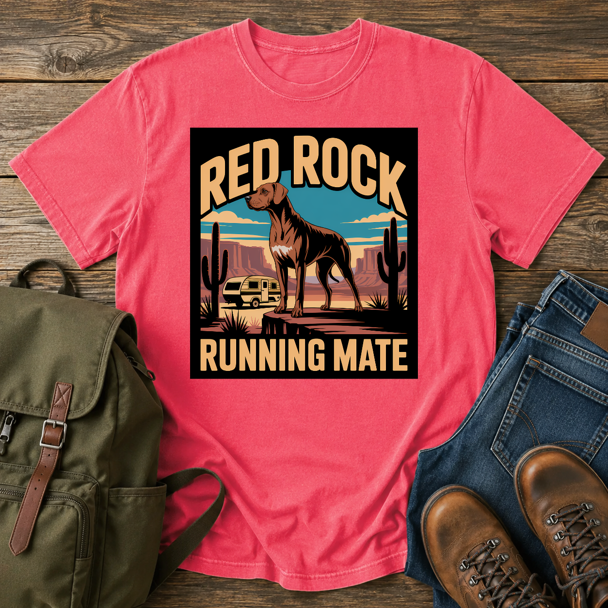 Rhodesian Ridgeback standing on red-rock canyon overlook with vintage teardrop camper and saguaro cacti on t-shirt