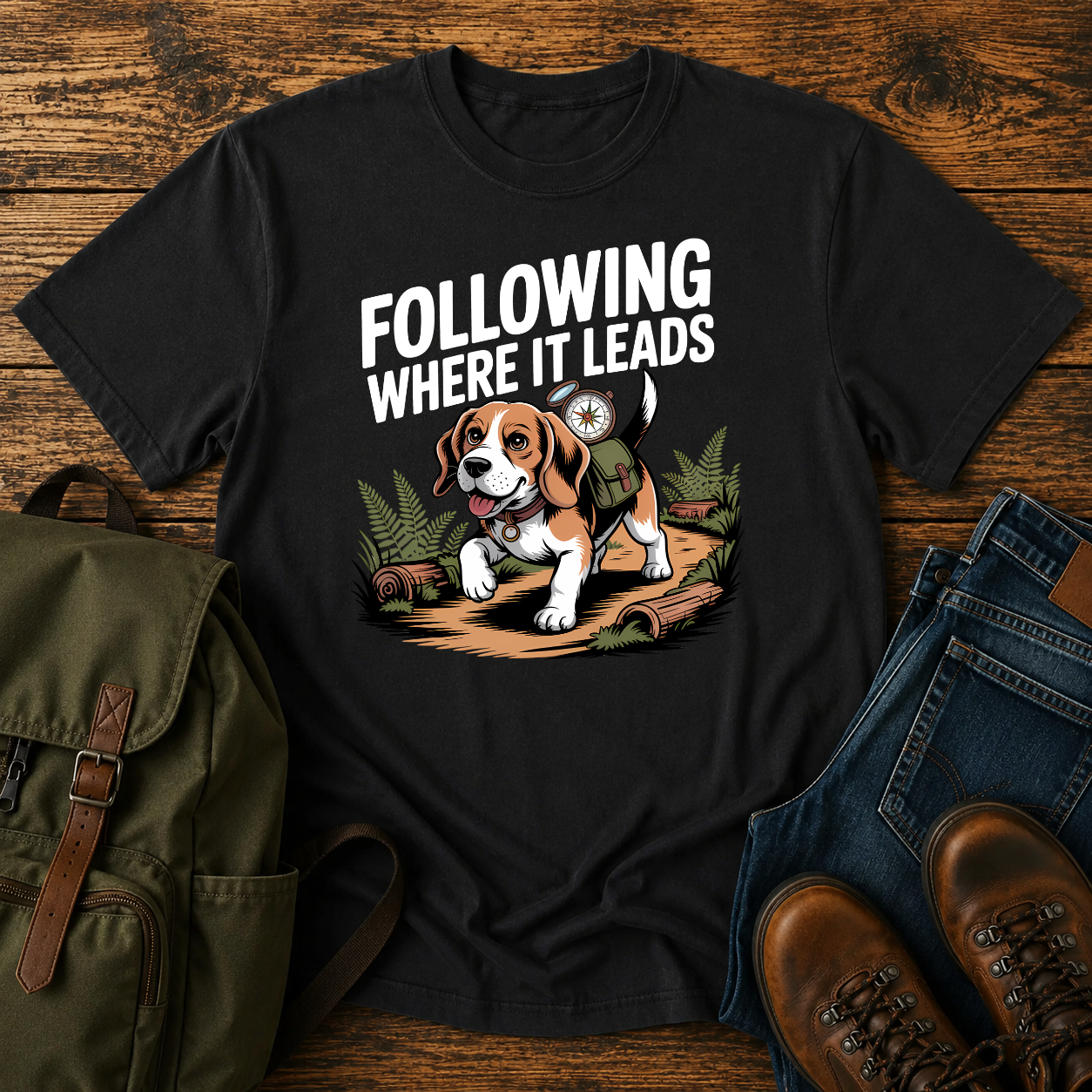 Determined Beagle following a scent trail through sun-dappled forest path on hiking t-shirt illustration