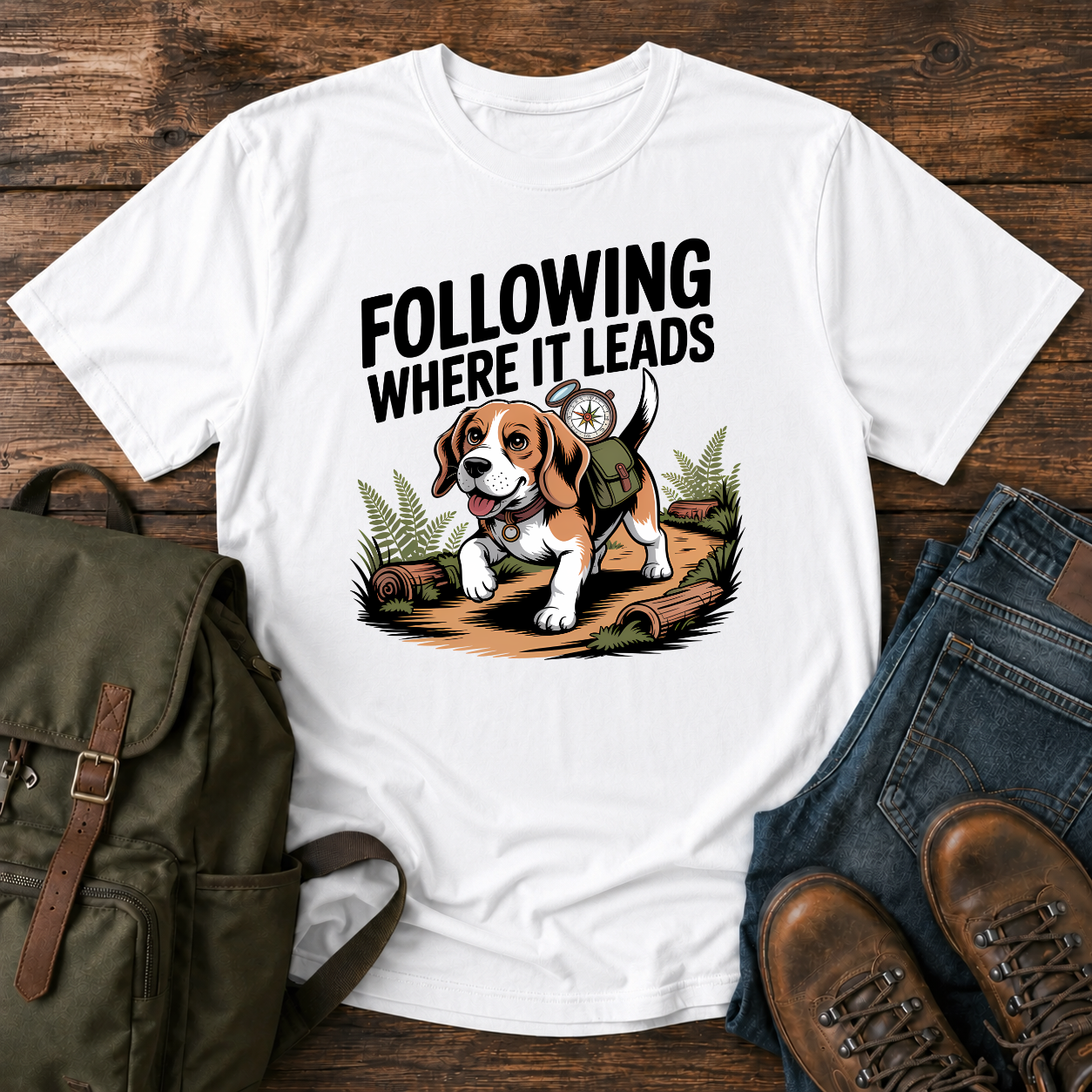 Determined Beagle following a scent trail through sun-dappled forest path on hiking t-shirt illustration