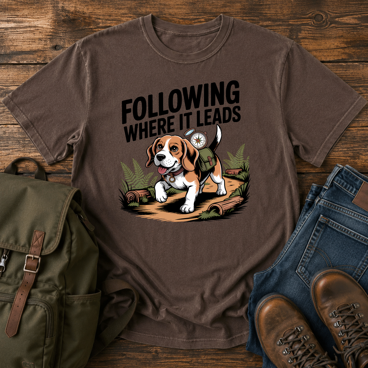 Determined Beagle following a scent trail through sun-dappled forest path on hiking t-shirt illustration