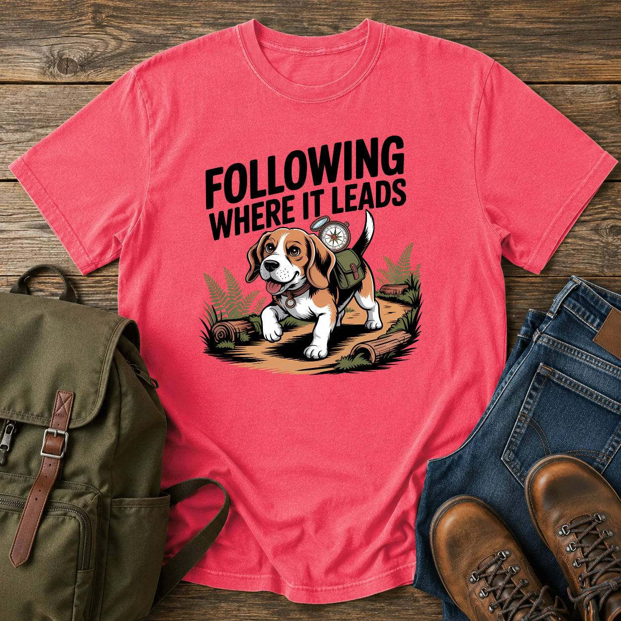 Determined Beagle following a scent trail through sun-dappled forest path on hiking t-shirt illustration