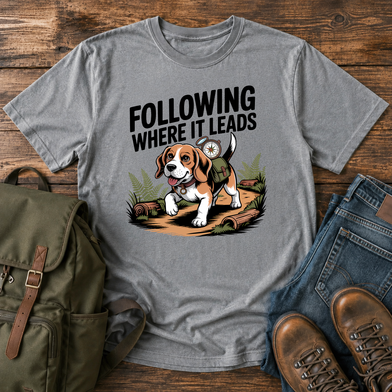 Determined Beagle following a scent trail through sun-dappled forest path on hiking t-shirt illustration
