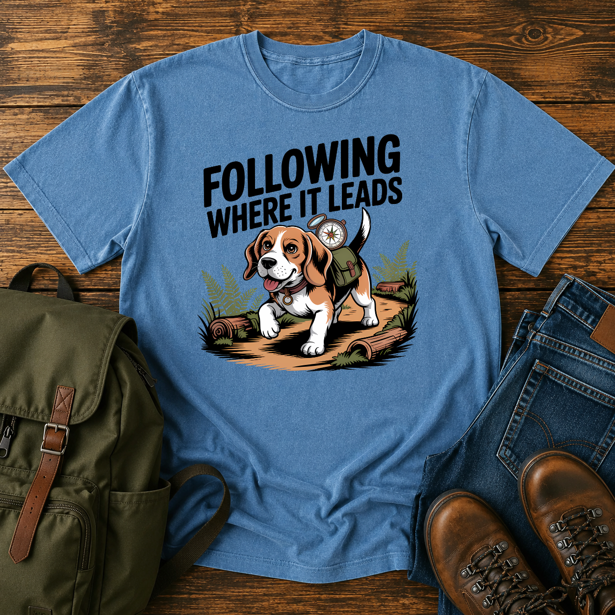 Determined Beagle following a scent trail through sun-dappled forest path on hiking t-shirt illustration