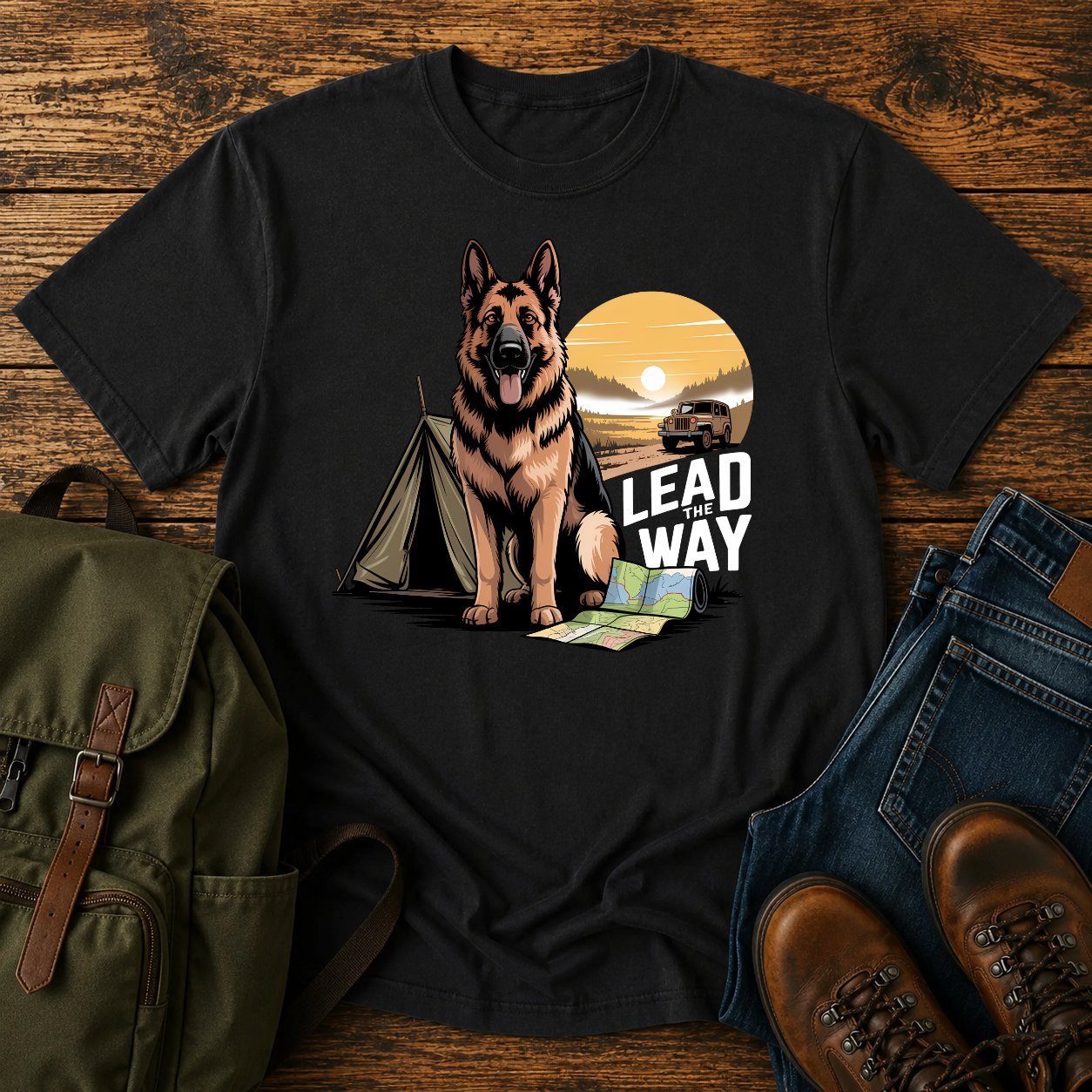 German Shepherd standing beside vintage canvas tent at sunrise overland expedition illustrated on t-shirt