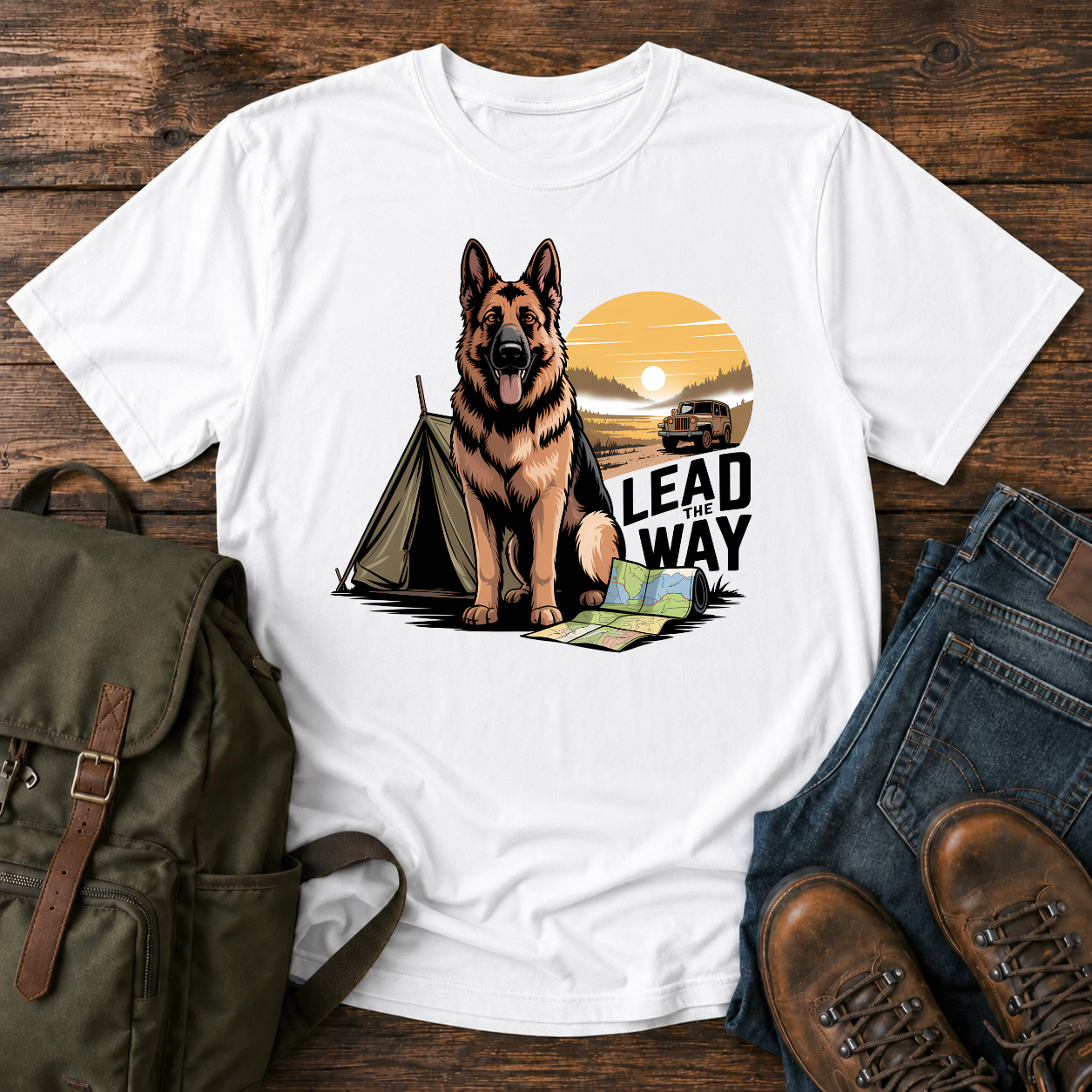 German Shepherd standing beside vintage canvas tent at sunrise overland expedition illustrated on t-shirt