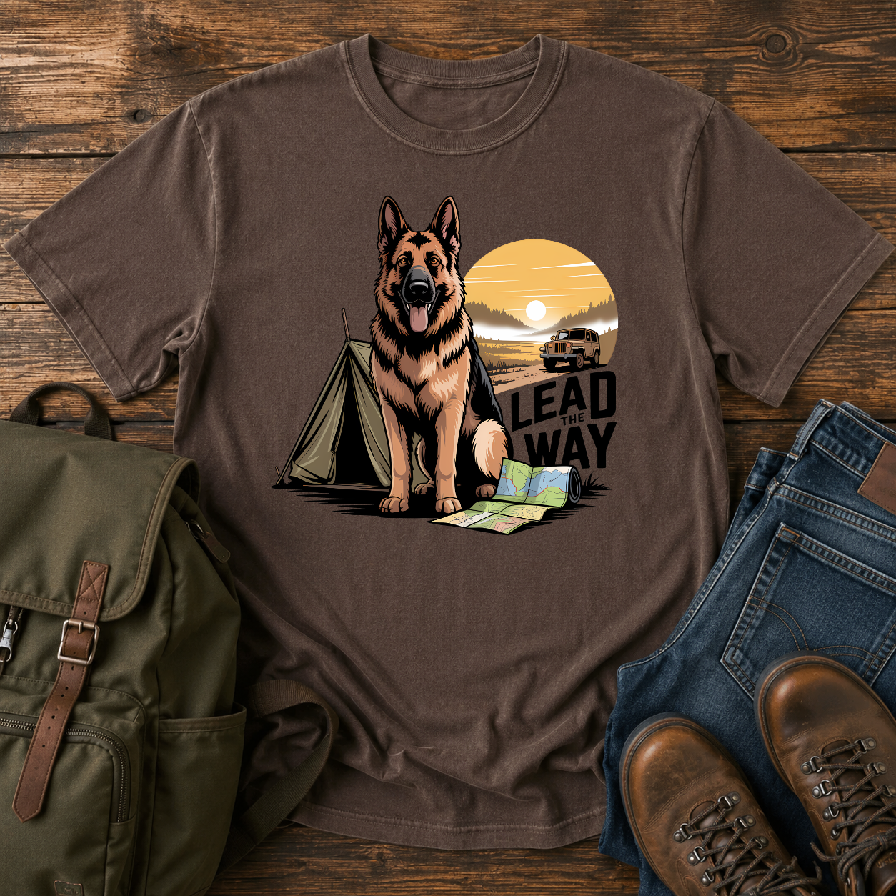 German Shepherd standing beside vintage canvas tent at sunrise overland expedition illustrated on t-shirt