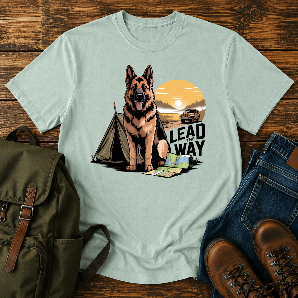 German Shepherd standing beside vintage canvas tent at sunrise overland expedition illustrated on t-shirt