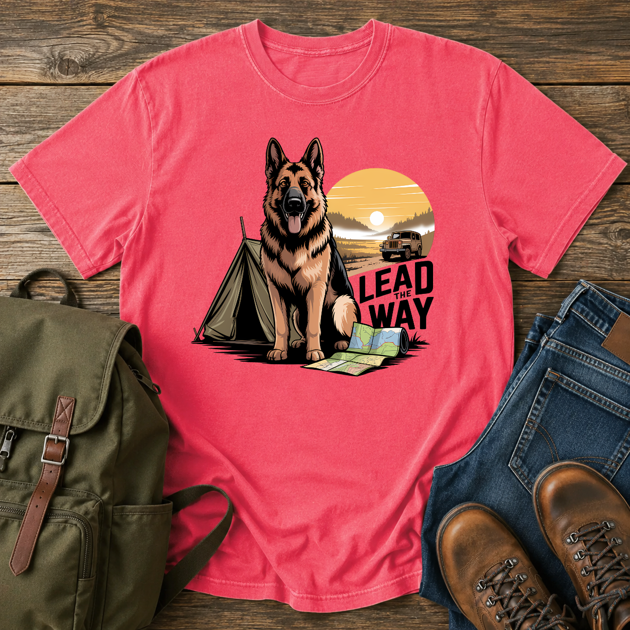 German Shepherd standing beside vintage canvas tent at sunrise overland expedition illustrated on t-shirt