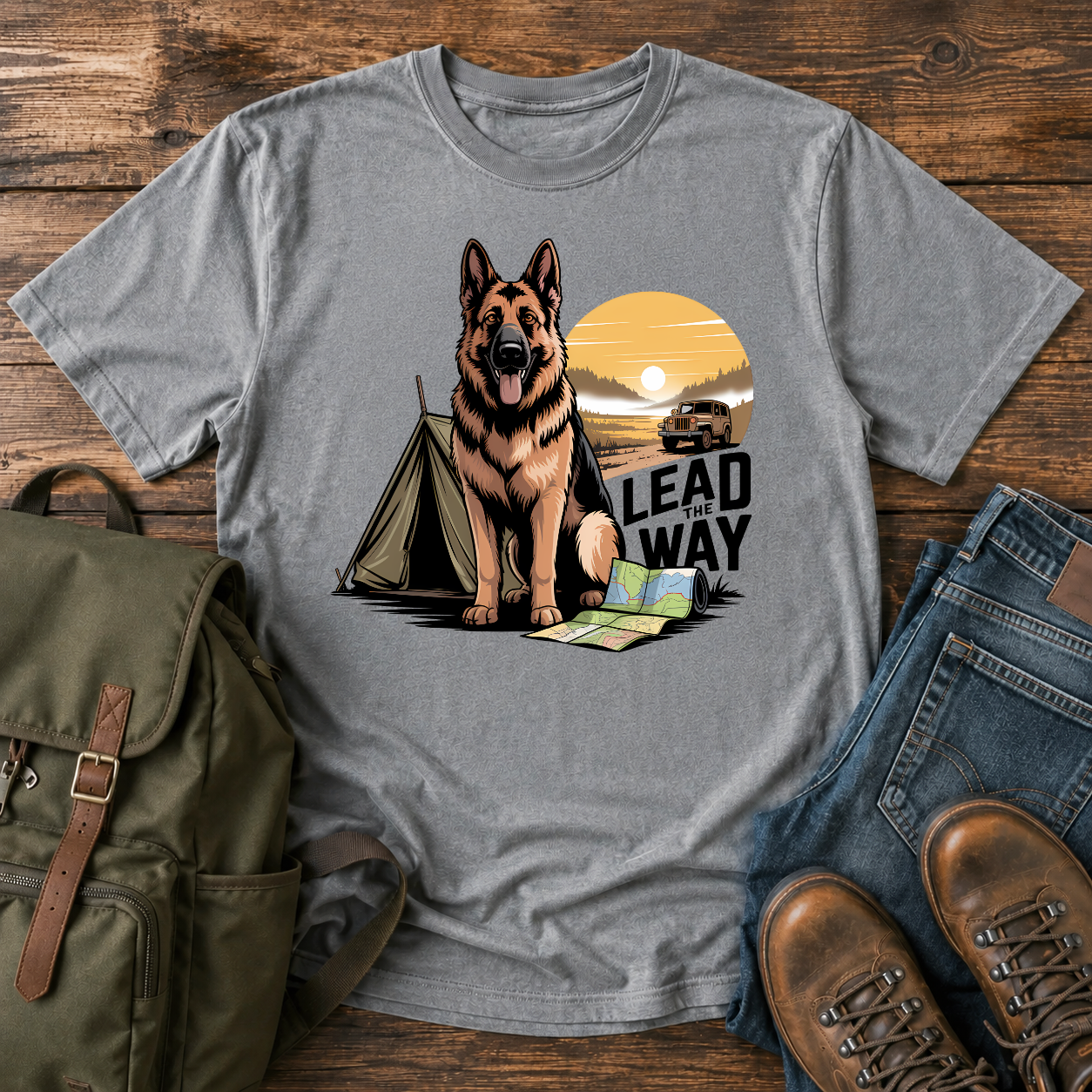 German Shepherd standing beside vintage canvas tent at sunrise overland expedition illustrated on t-shirt