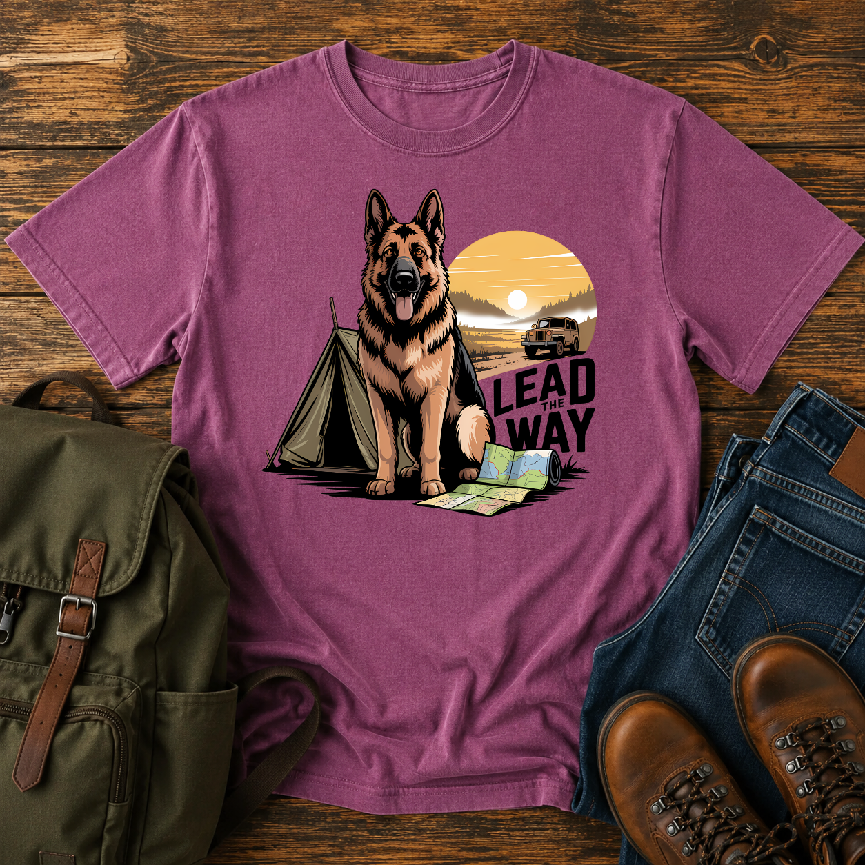 German Shepherd standing beside vintage canvas tent at sunrise overland expedition illustrated on t-shirt