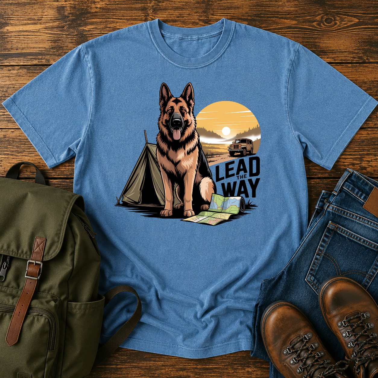 German Shepherd standing beside vintage canvas tent at sunrise overland expedition illustrated on t-shirt