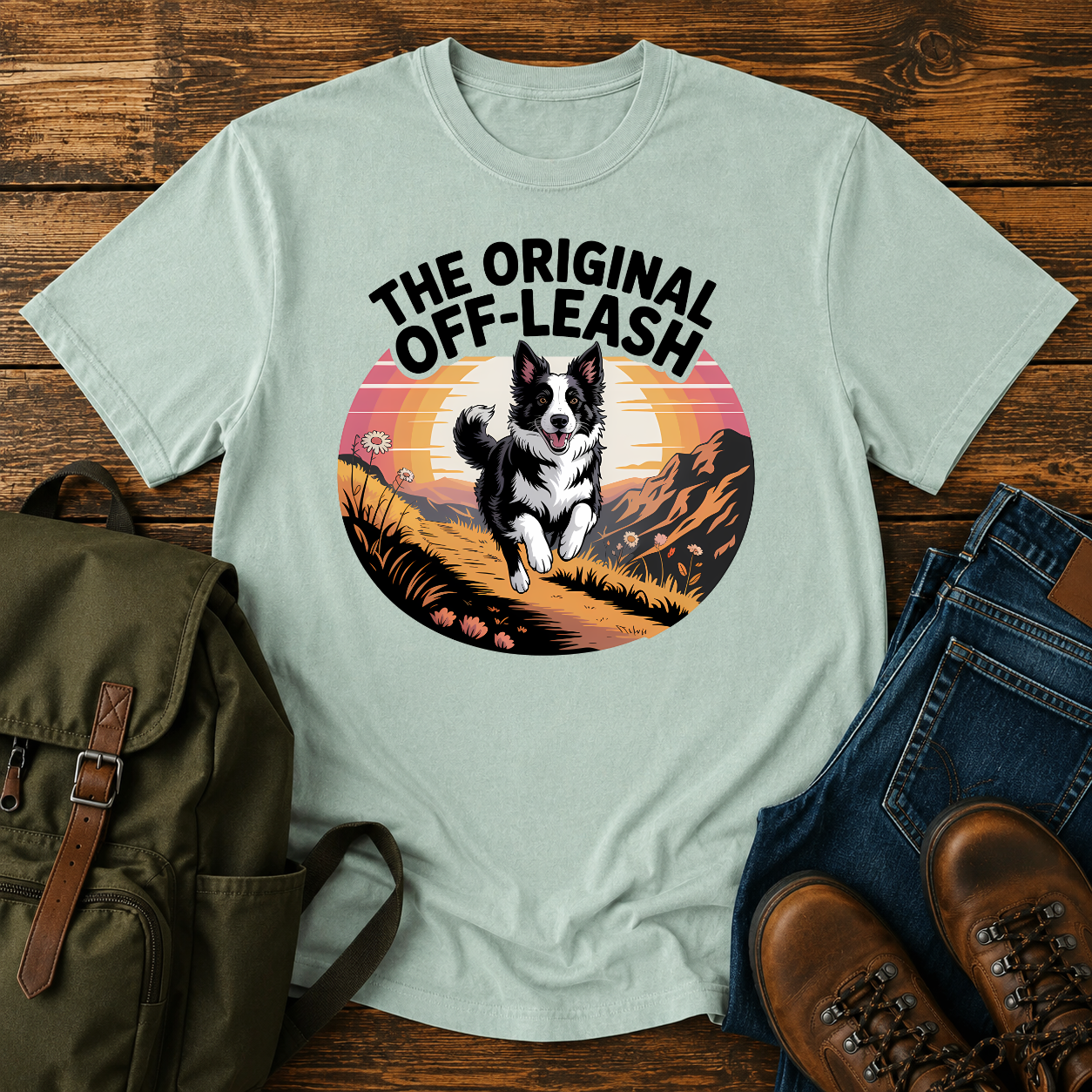 Border Collie running free along a mountain ridgeline at golden hour on a vintage-style adventure t-shirt.