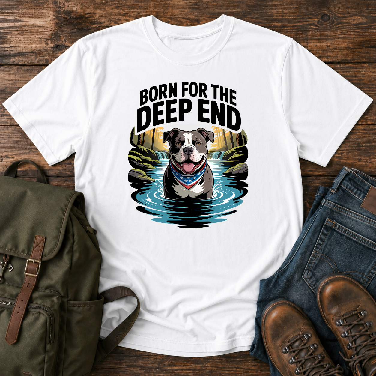 Smiling American Pit Bull Terrier with patriotic bandana standing in waterfall swimming hole on a vintage t-shirt.