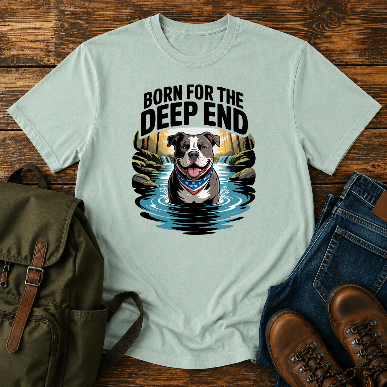Smiling American Pit Bull Terrier with patriotic bandana standing in waterfall swimming hole on a vintage t-shirt.