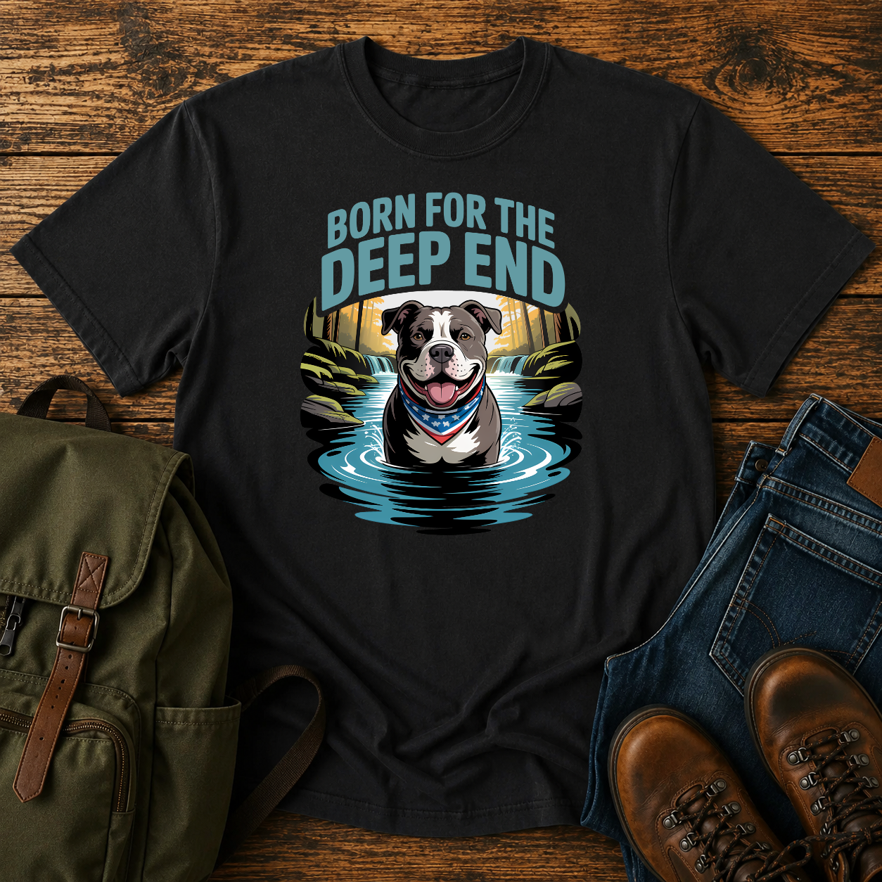 Smiling American Pit Bull Terrier with patriotic bandana standing in waterfall swimming hole on a vintage t-shirt.
