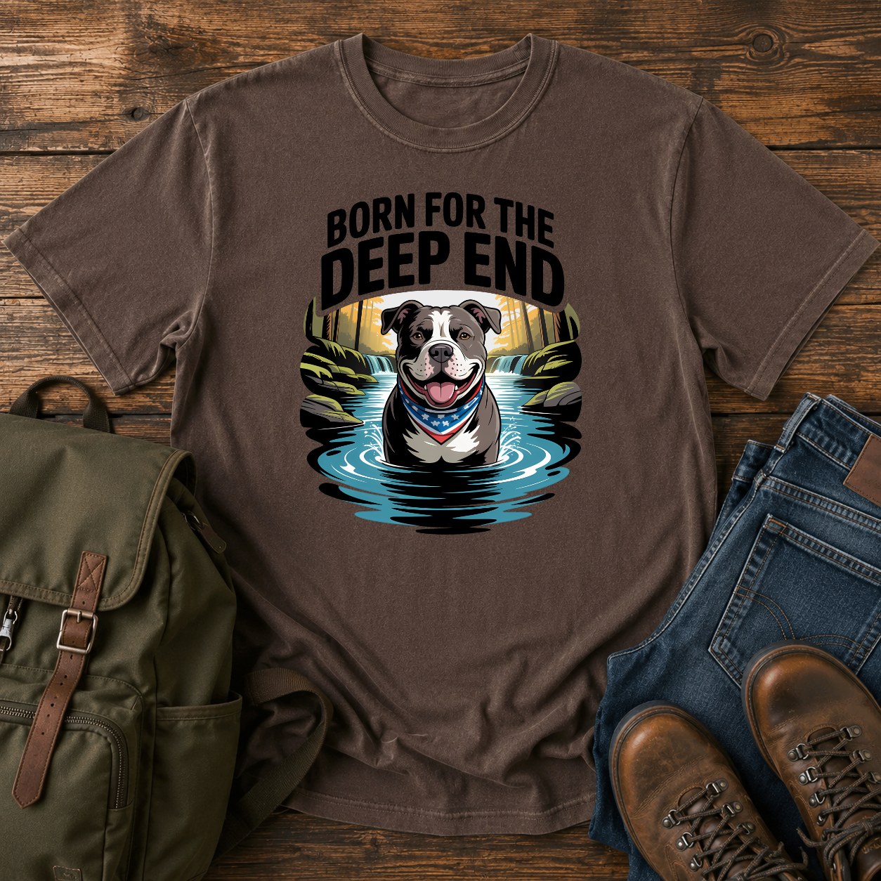 Smiling American Pit Bull Terrier with patriotic bandana standing in waterfall swimming hole on a vintage t-shirt.
