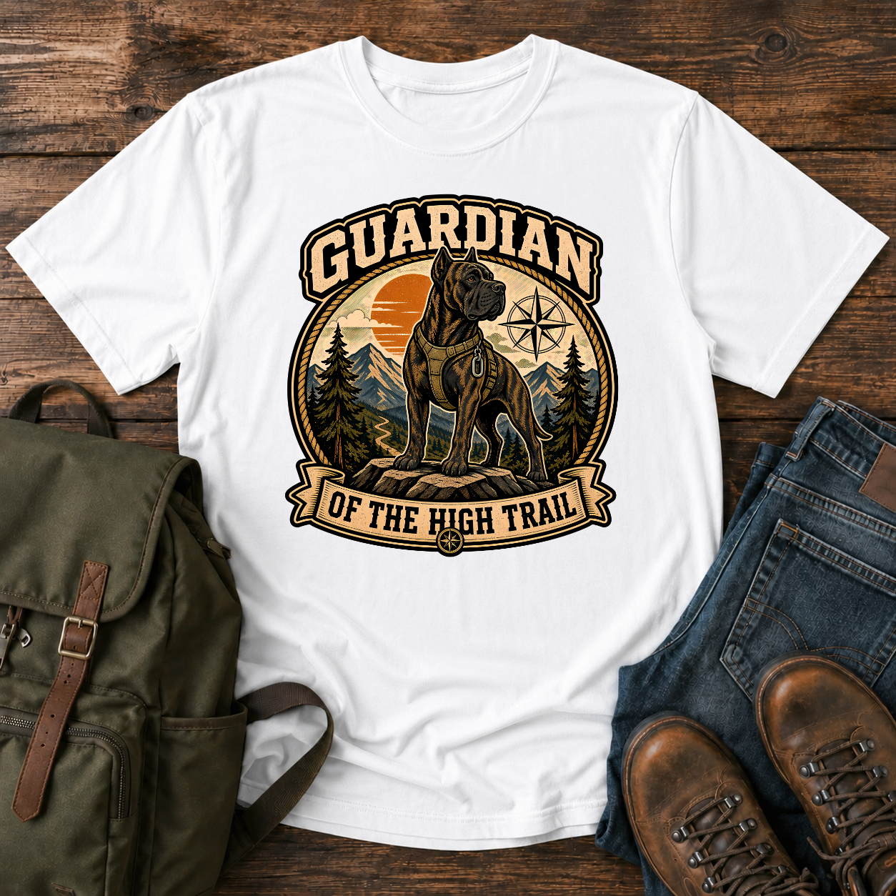 Vintage-style Cane Corso hiking shirt showing a brindle dog on a mountain trail with summit peaks behind.