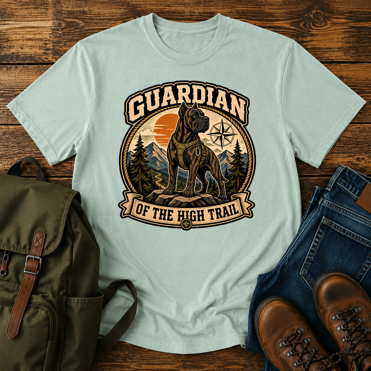 Vintage-style Cane Corso hiking shirt showing a brindle dog on a mountain trail with summit peaks behind.