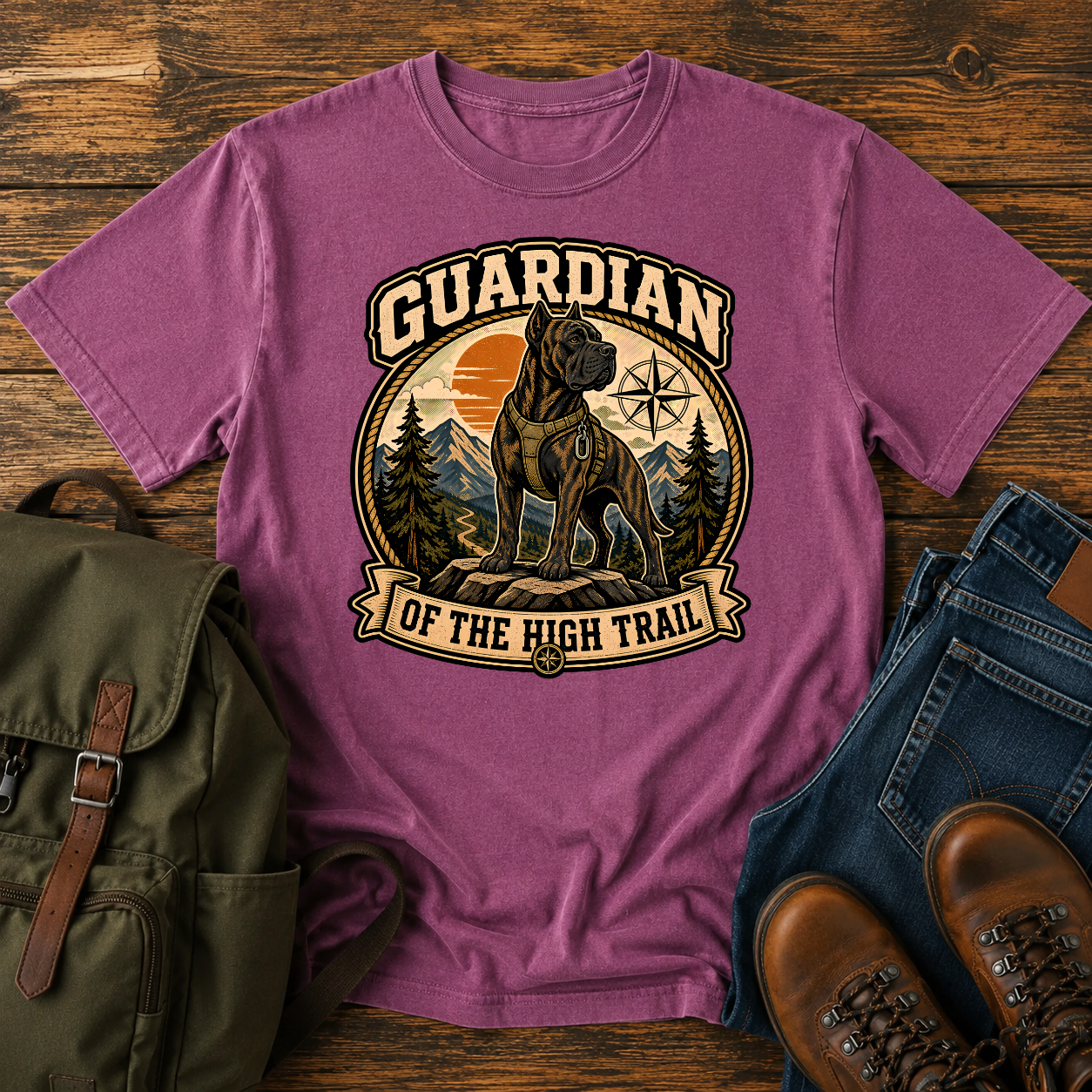 Vintage-style Cane Corso hiking shirt showing a brindle dog on a mountain trail with summit peaks behind.
