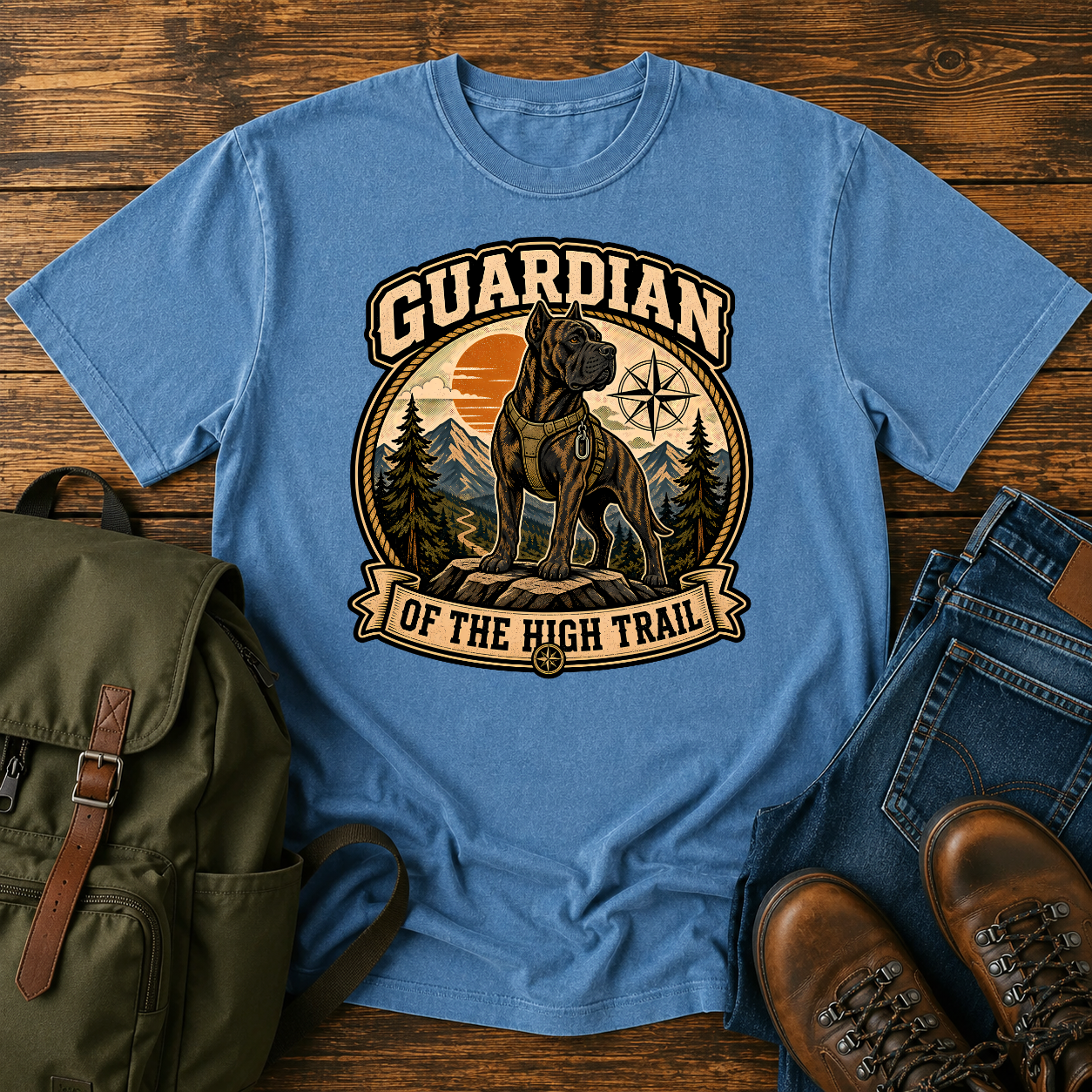Vintage-style Cane Corso hiking shirt showing a brindle dog on a mountain trail with summit peaks behind.