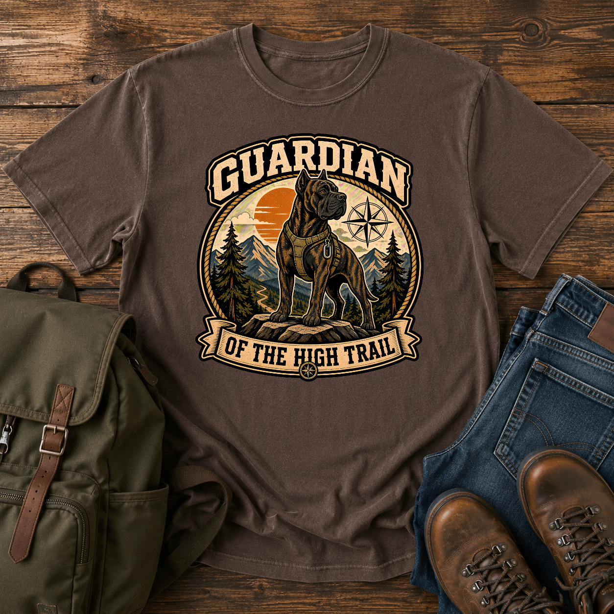 Vintage-style Cane Corso hiking shirt showing a brindle dog on a mountain trail with summit peaks behind.