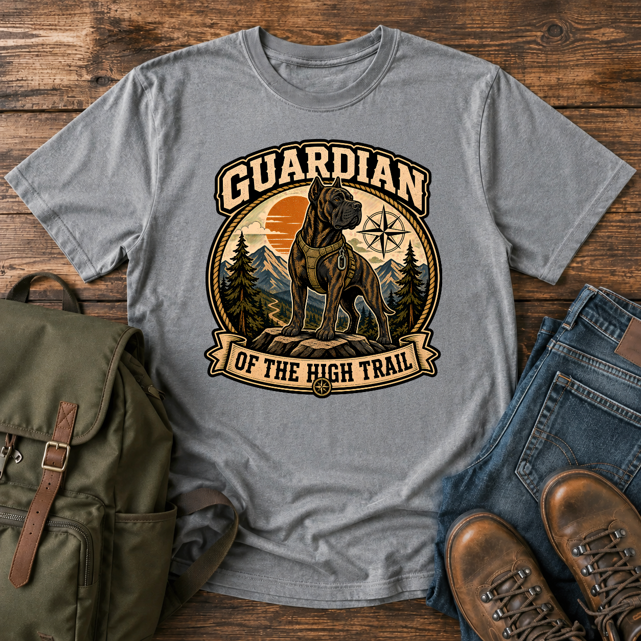 Vintage-style Cane Corso hiking shirt showing a brindle dog on a mountain trail with summit peaks behind.