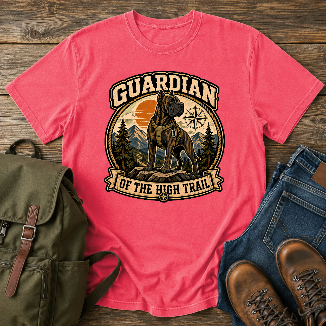 Vintage-style Cane Corso hiking shirt showing a brindle dog on a mountain trail with summit peaks behind.