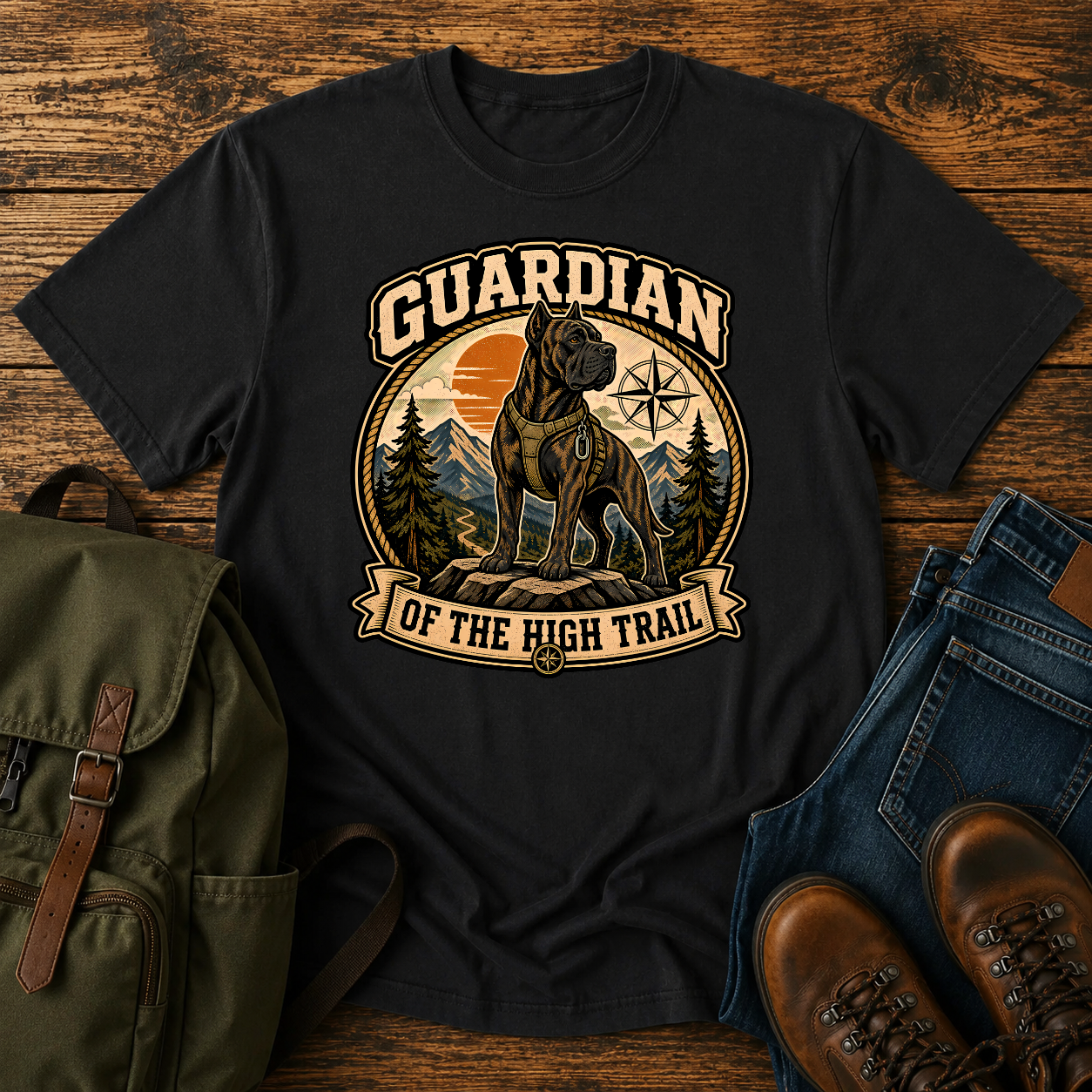 Vintage-style Cane Corso hiking shirt showing a brindle dog on a mountain trail with summit peaks behind.