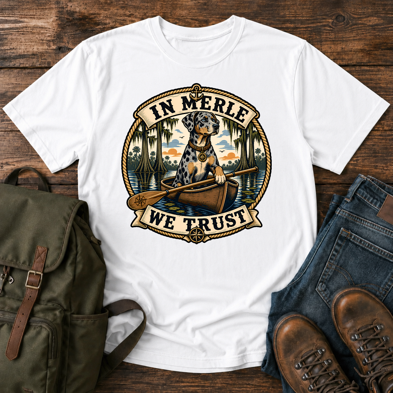 Nautical-style Catahoula Leopard Dog kayak shirt featuring a blue-merle dog paddling through cypress bayou.