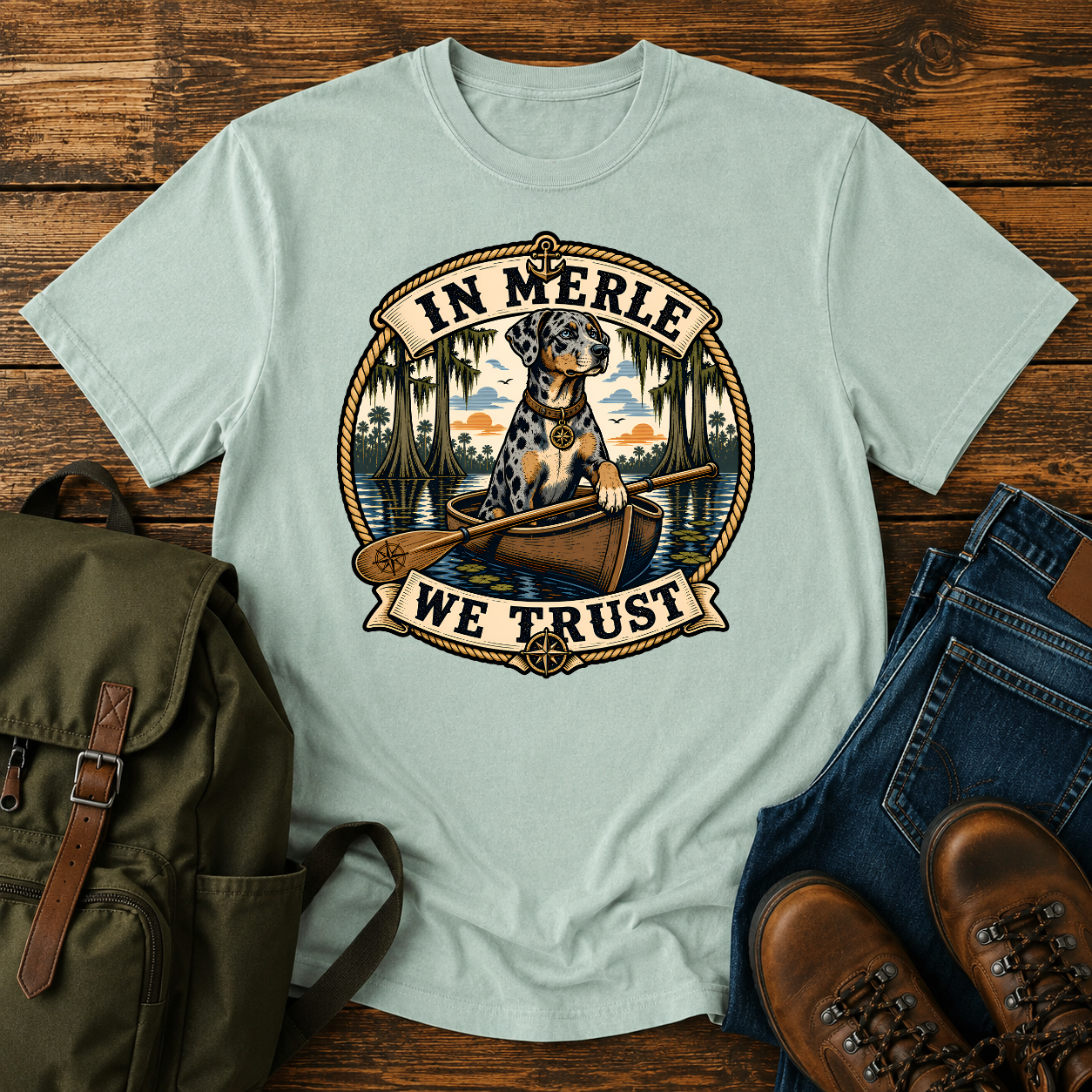 Nautical-style Catahoula Leopard Dog kayak shirt featuring a blue-merle dog paddling through cypress bayou.