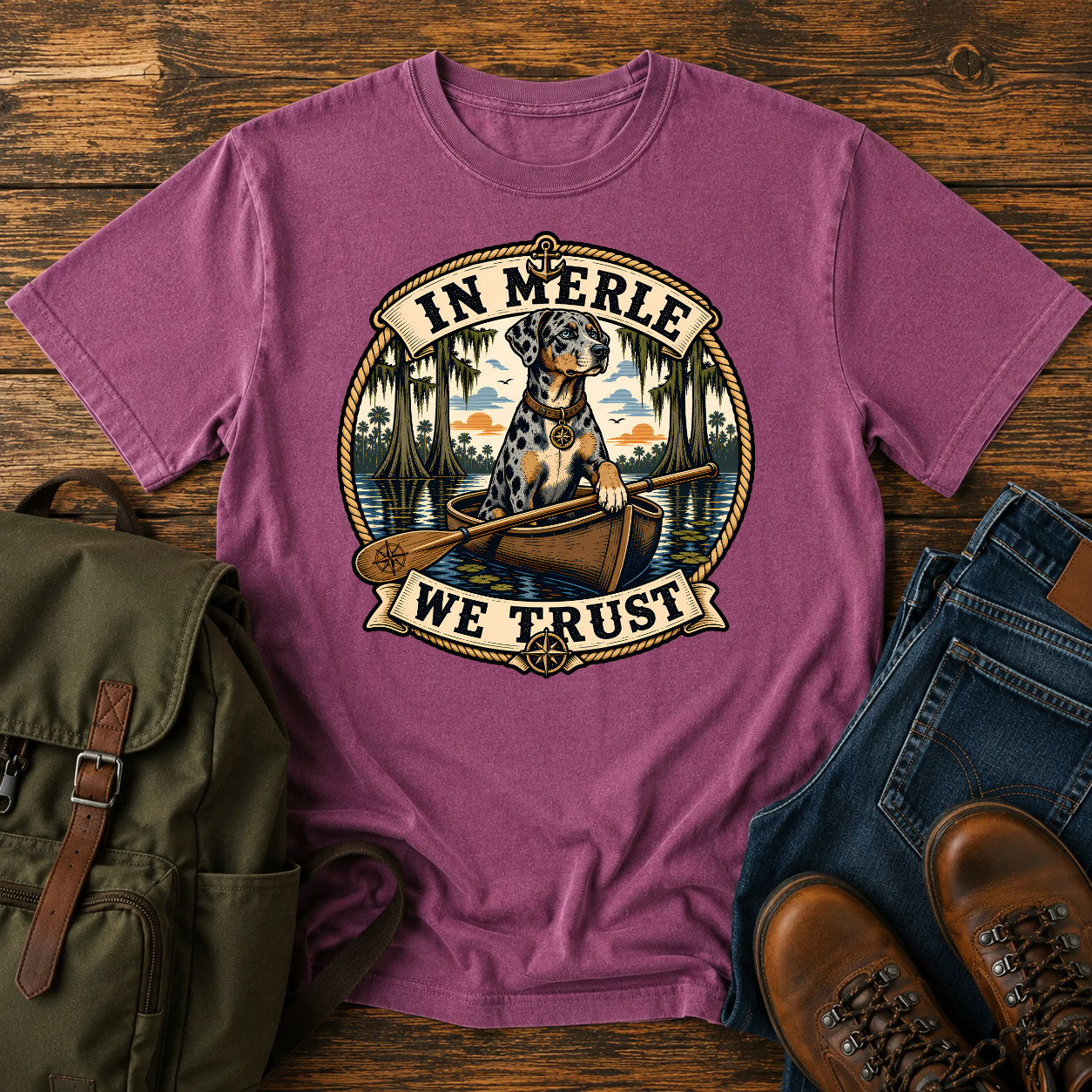 Nautical-style Catahoula Leopard Dog kayak shirt featuring a blue-merle dog paddling through cypress bayou.