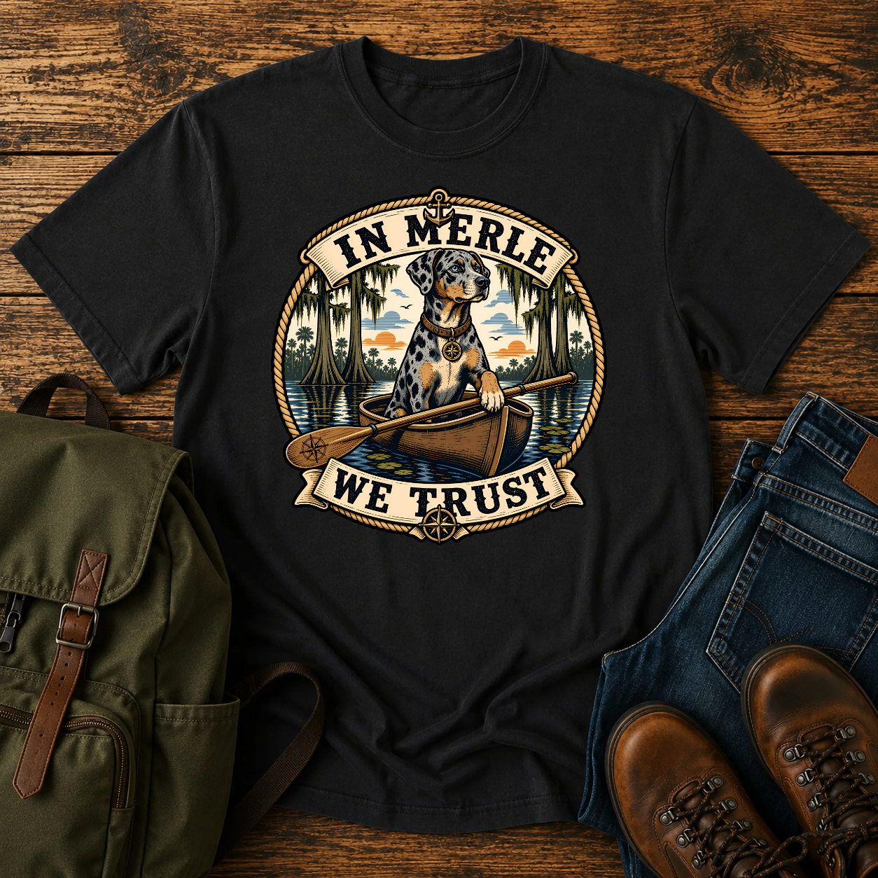 Nautical-style Catahoula Leopard Dog kayak shirt featuring a blue-merle dog paddling through cypress bayou.