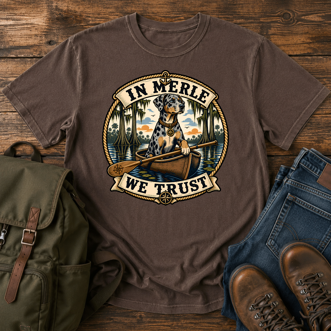 Nautical-style Catahoula Leopard Dog kayak shirt featuring a blue-merle dog paddling through cypress bayou.