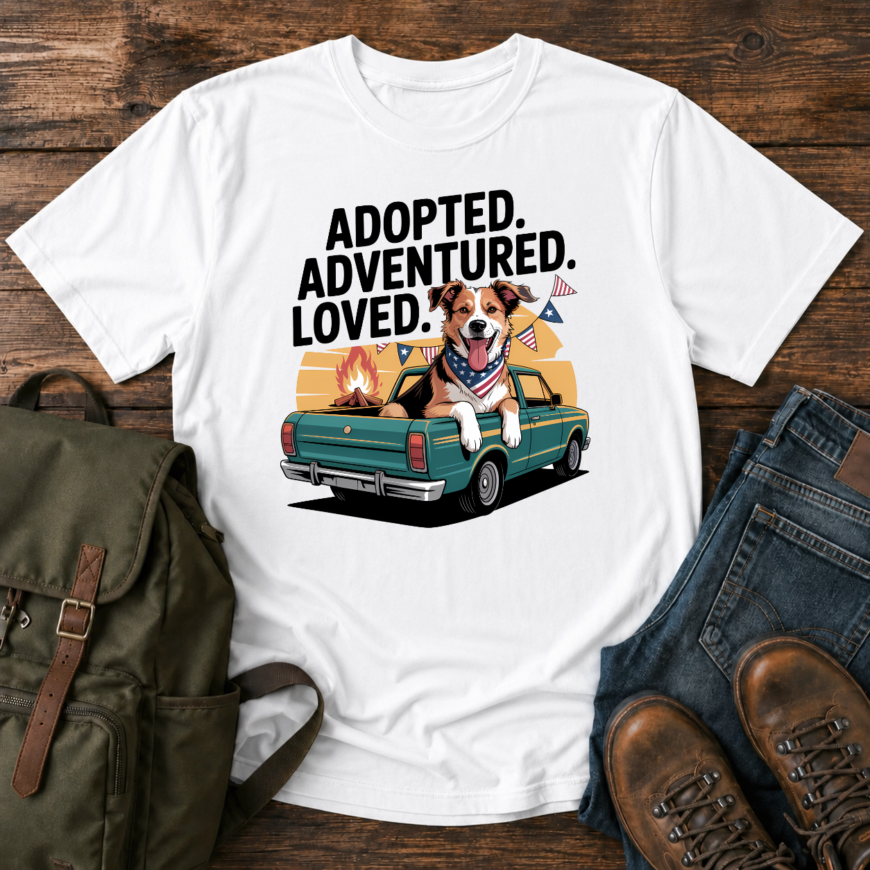 Patriotic rescue dog t-shirt showing a joyful mixed-breed dog with a red bandana at a campfire under an American flag.