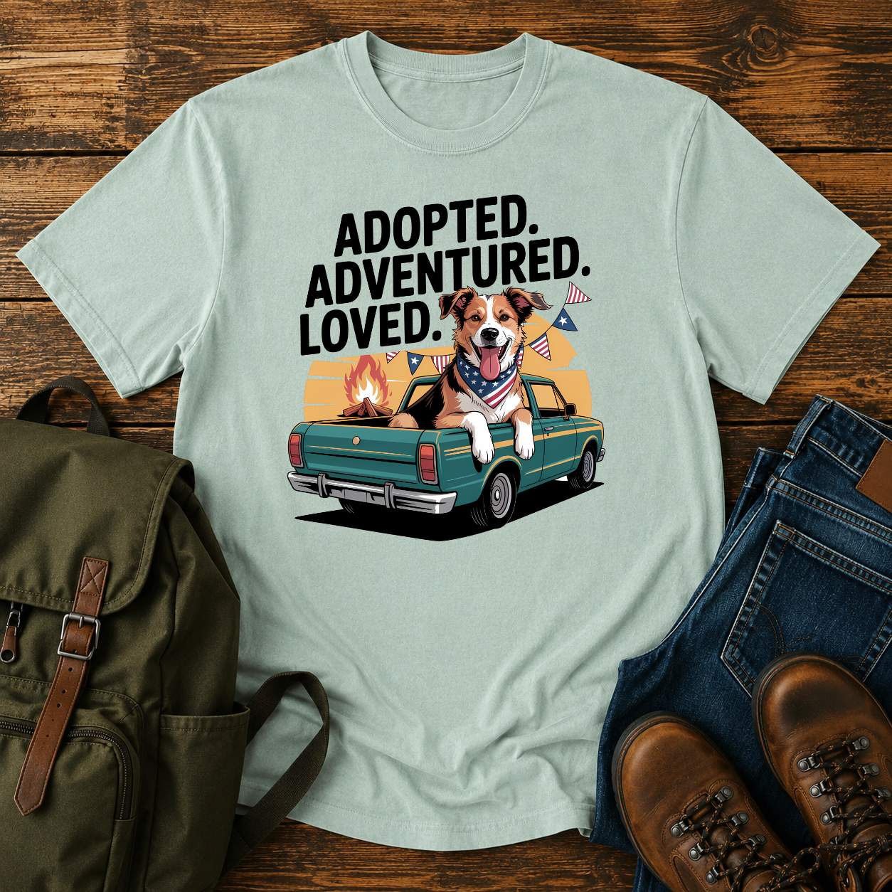 Patriotic rescue dog t-shirt showing a joyful mixed-breed dog with a red bandana at a campfire under an American flag.