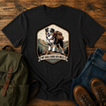 Retro trail-badge Australian Shepherd hiking shirt featuring an Aussie with a backpack on a mountain thru-hike trail.