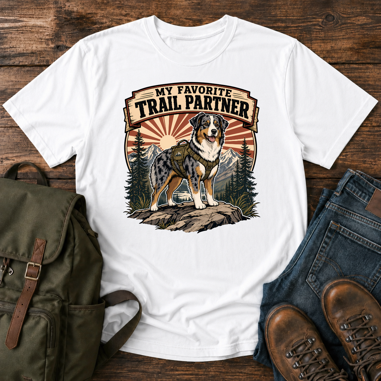 Retro Australian Shepherd hiking harness rocky overlook sunburst trail partner t-shirt design