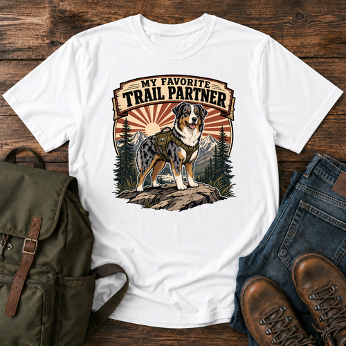 Retro Australian Shepherd hiking harness rocky overlook sunburst trail partner t-shirt design
