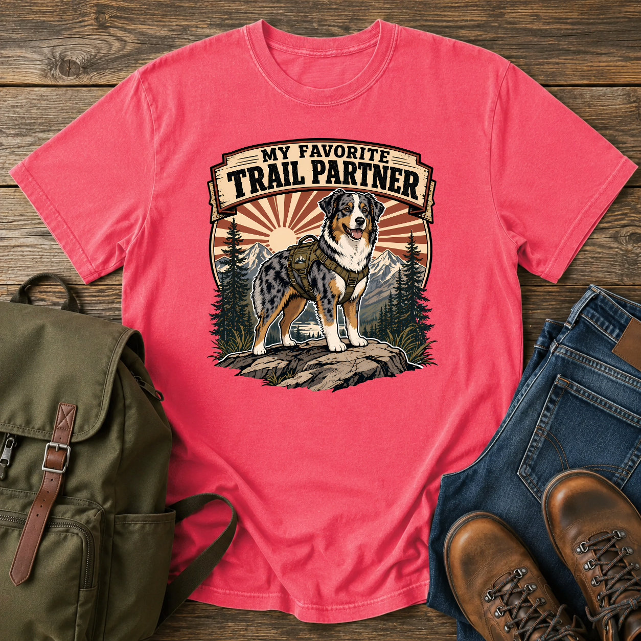 Retro Australian Shepherd hiking harness rocky overlook sunburst trail partner t-shirt design